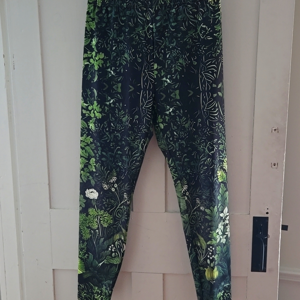 Green Leafy Pattern Leggings L